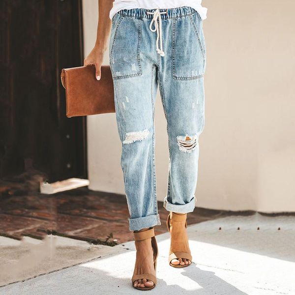 

women's jeans mom's plus size elastic high waist denim pants female straight loose mujer 2021 summer holes ripped cotton for women, Blue