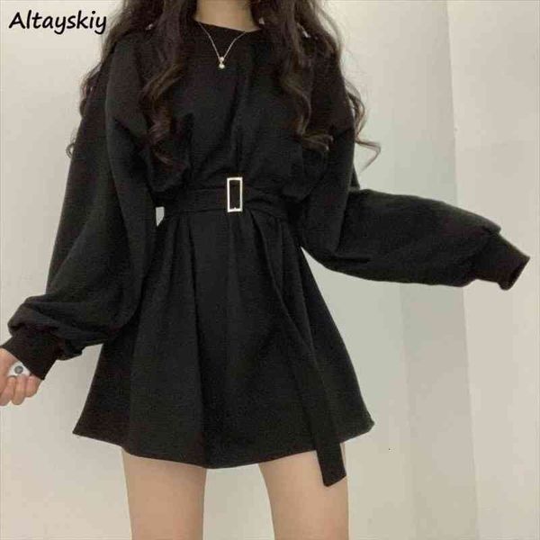 

spring casual a line mini womens dress long sleeve korean style all match students harajuku simple trendy streetwear sashes ins, Black;gray