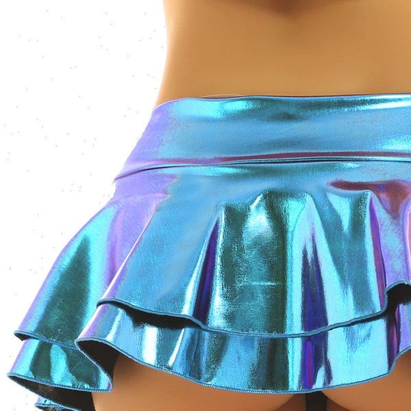 

holographic shiny metallic double womens skirts layered ruffled mini pole dance raves festivals club costumes, Black