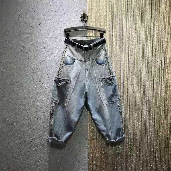 

women's jeans 2021 spring european style women loose casual cotton denim big pocket ankle-length pants rivet design harem w176 n0u4, Blue