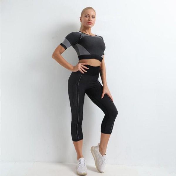 

yoga outfit women set short sleeve clothing seamless sportswear fitness crop gym leggings high wiast pant workout shirt sport suit