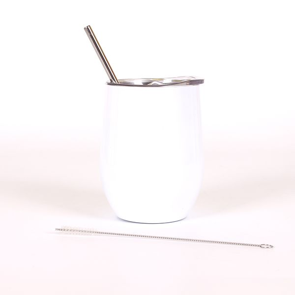 

12oz blank sublimation wine tumblers egg shaped glass double wall mugs stainless steel cup with lid and metal straw clean brush
