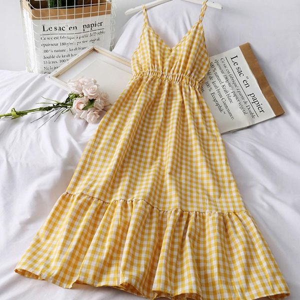 

casual dresses high waist hip plaid a line vestido holiday beach elegant ruffles sleeveless camis dress v neck summer 2021 ropa, Black;gray