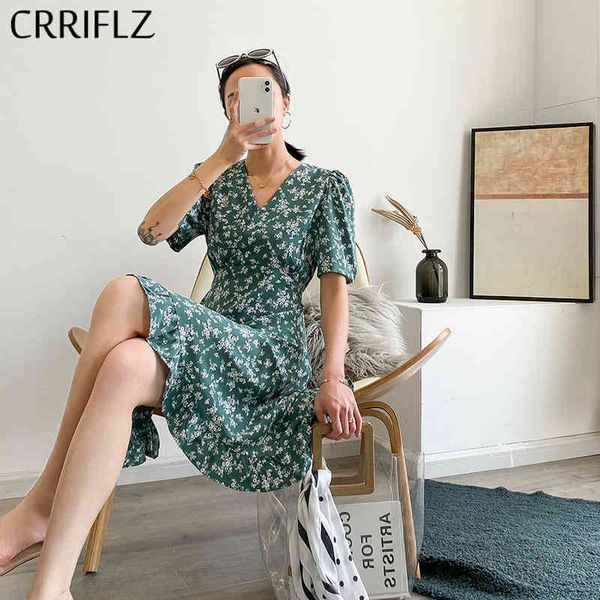 Мода лето с короткими рукавами шифон цветочное платье женский V-образным вырезом фея маслом живопись женщин A-Line CRRIFLZ 210520