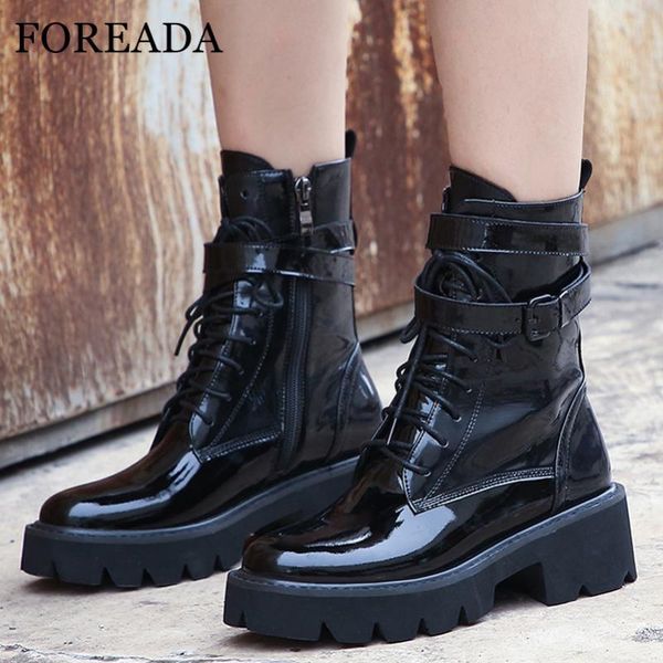 

boots foreada real leather high heel ankle buckle lace up motorcycle women zipper block shoes female autumn winter 43, Black