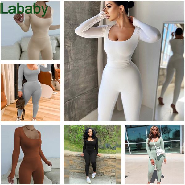 

women tracksuits two piece set designer slim height elastic jumpsuits leggings solid color low chest long sleeve high waist 6 colours, Gray