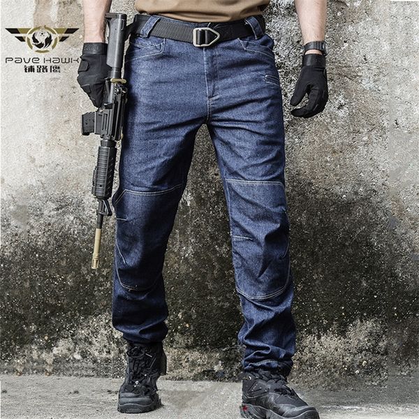 

army combat denim jeans men wearable special force flexible military jeans tactical swat multi pocket cotton pants 210318, Blue