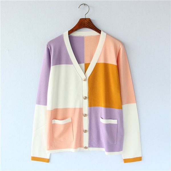 

knits autumn sweater coat women block patchwork fashion v-neck single breasted cardigan female knitwear, White