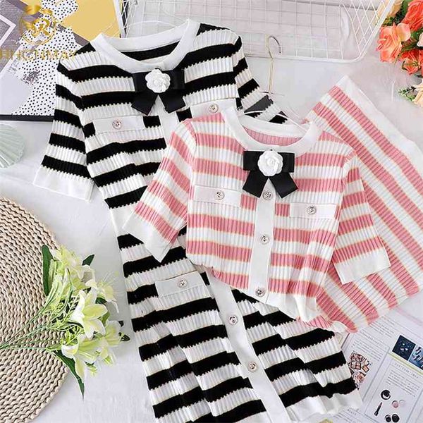 

summer women temperament stripes knitted dress waist slimming short sleeve knitwear o-neck a-line bottom faldas bow tie 210506, Black;gray
