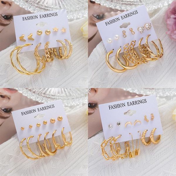 

hoop & huggie 6pairs/set fashion simple circle gold color earrings set for women trendy female geometric simulation pearl earings jewelry, Golden;silver
