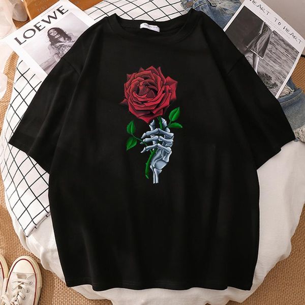 

women's t-shirt red rose flower print oversized woman soft 2021 short sleeve loose t shirt s-xxxl big size creativity female tee, White