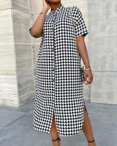 

casual dresses houndstooth print single-breasted button slit shirt dress 2021 summer fashion ladies loose dress-no belt, Black;gray