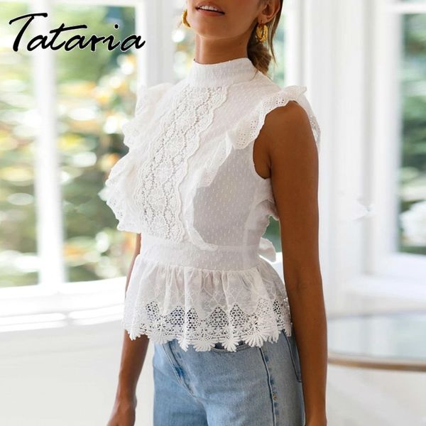 Bordado de laço Bordado Mulheres Bordado Tanques Ruffled Hollow Out Peplum Feminino Estilo Estilo Streetwear Senhoras Branco Camiseta 210514