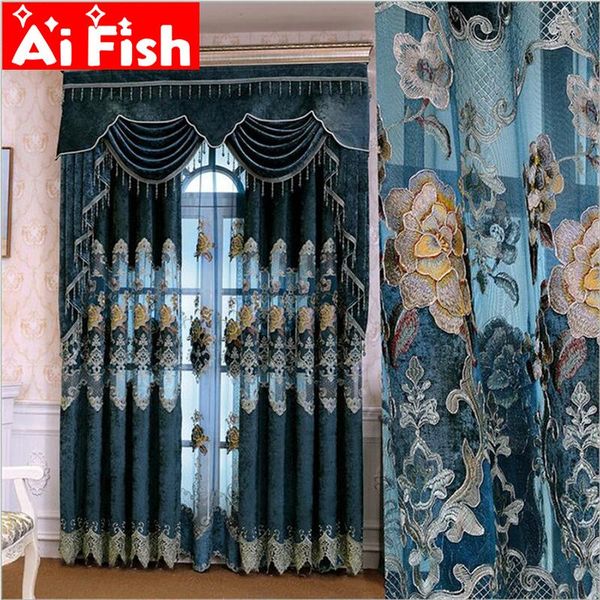 

blue chenille hollow embroidered blackout curtain luxury living room floral lace curtains voile tulle window treatment drape #30 & drapes