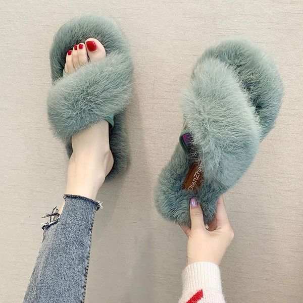 

real hair women hairy slippers est crossover flat fur warm female winter, Black