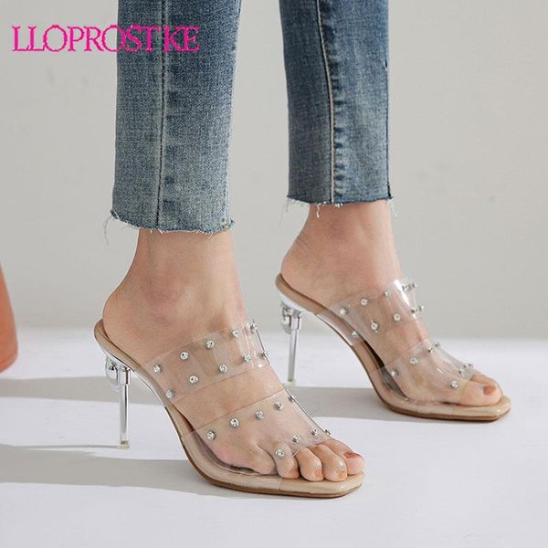 

dress shoes lloprost ke 2021 pvc thin high heels slip-on woman sandals rivet open toe ins women footwear, Black
