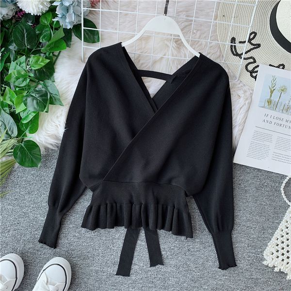 

women's sweater knitted winter autumn lace up v-neck batwing long sleeve bottoming female sweaters woman pl087 210506, White;black