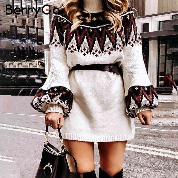 

berrygo geometric print knitted female dress casual women turtle neck pullover sweater autumn winter retro white vestidos 210513, Black;gray