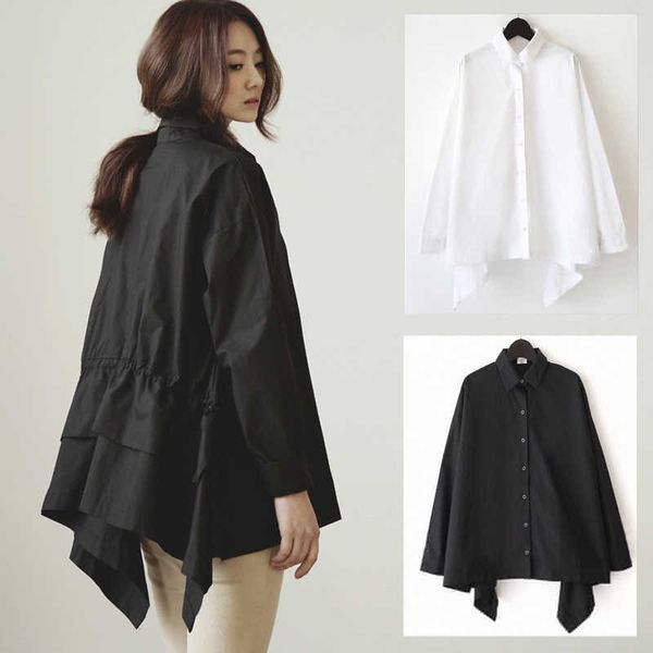 

fashion wrinkled swallow tail long sleeve blouse in autumn and winter cotton loose shirt plus size womens clothing 210615, White