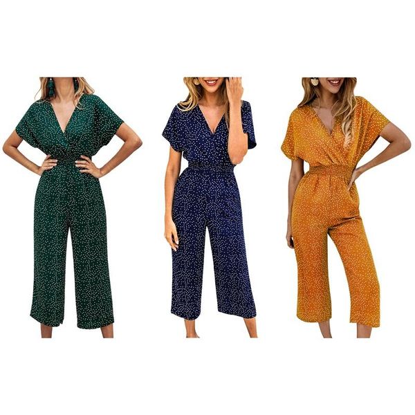 

summer casual printed v-neck overalls jumpsuit short sleeve wide leg loose women's jumpsuits & rompers, Black;white