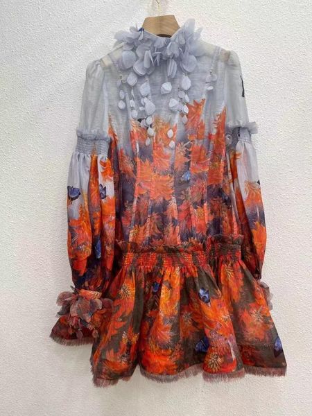 

casual dresses 2021 real silk linen runway designer mini long sleeve flower summer haute couture elegant vintage chic women dre, Black;gray