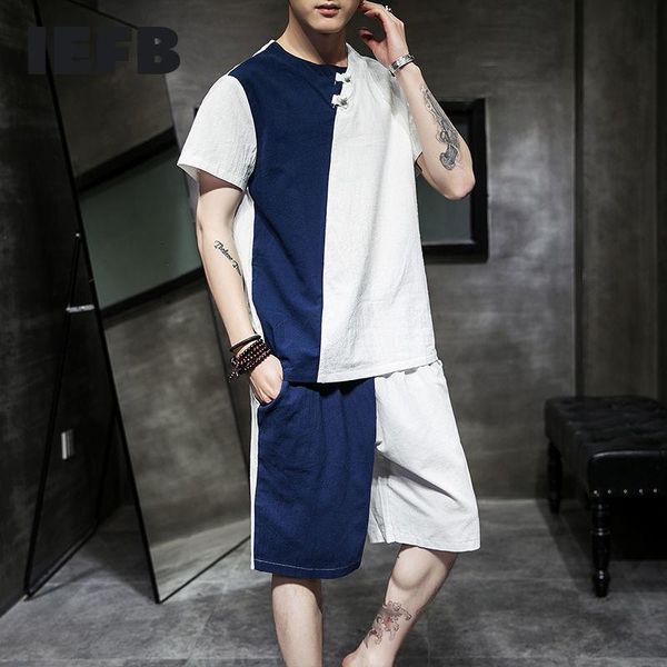 

men's tracksuits iefb spring and summer chinese style splicing contract color short sleeve wide leg shorts suit two piece set y8238, Gray