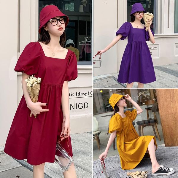 

maternity dresses 3974# dress summer cotton plain color square collar short sleeves loose stylish pregnant women mom, White