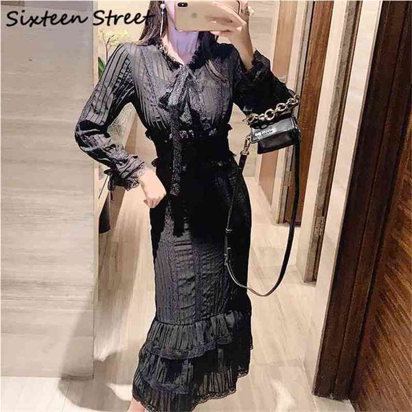 

black lace splicing pleated dress for woman o-neck long sleeve casual high waist party bodycon spring autumn dresses female 210603, Black;gray