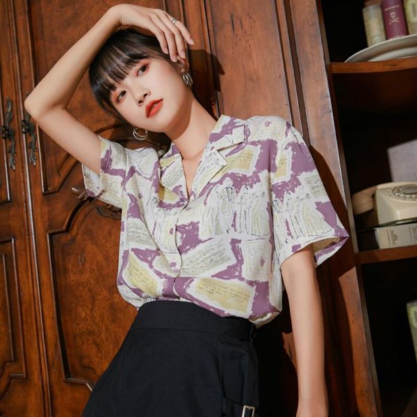 

print shirt 2021 summer women short sleeve vintage loose casual blouse female streetwear harajuku women's blouses & shirts, White