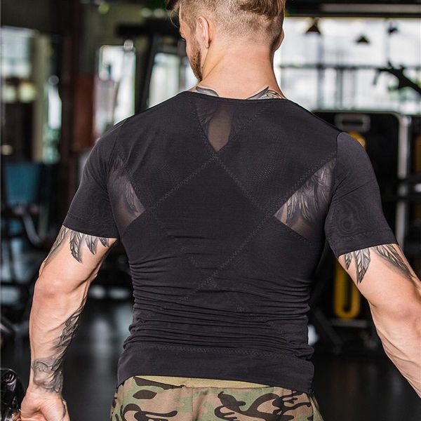 

men's body shapers lose weight slimming vest waist belt reduce belly stomach shapewear posture corrector t shirt tight chest shaper, Black;brown