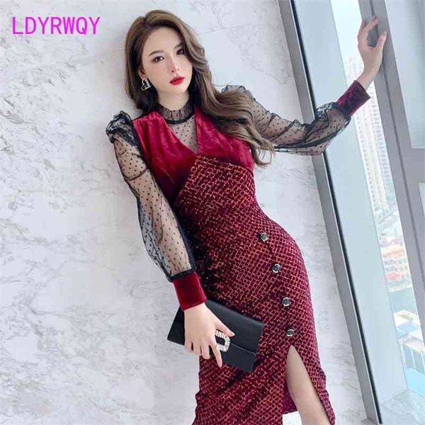 

spring dress bright silk mesh sequin stitching long-sleeved black female autumn/winter bottoms 210603, Black;gray