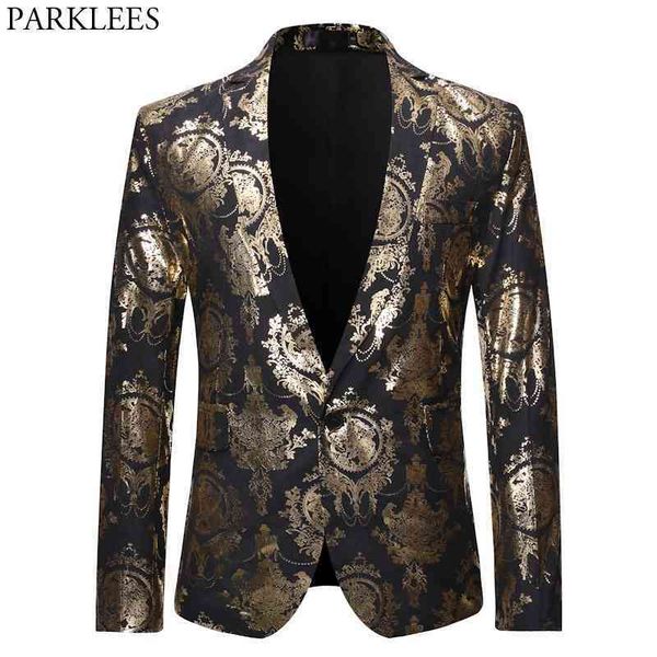

luxury gold floral print suits &blazer men one button slim fit stylish blazer jacket mens party dinner tuxedo blazer masculino 210522, White;black