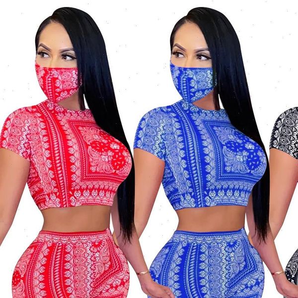 

bandana scarf print club women tracksuits two piece set hollow out with mask shorts bandage 2 pieces, Gray