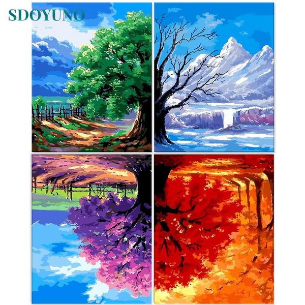 

paintings sdoyuno 60x75cm painting by numbers diy picture paint number four season trees drawing on canvas scenery home decor