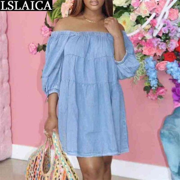 

elegant dress denim off shoulder a line loose ruched patchwork fashion casual women summer streetwear long sleeve 210515, Black;gray
