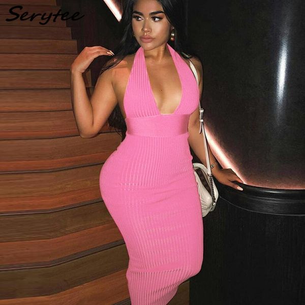 

serytee deep v neck backless rib knitted bodycon long dress women 2022 sleeveless high waist night club party maxi dresses, Black;gray