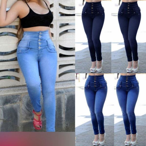 

women leggings skinny stretchy denim casual jeans pencil trousers button up high waist slim fit streetwear women's, Black
