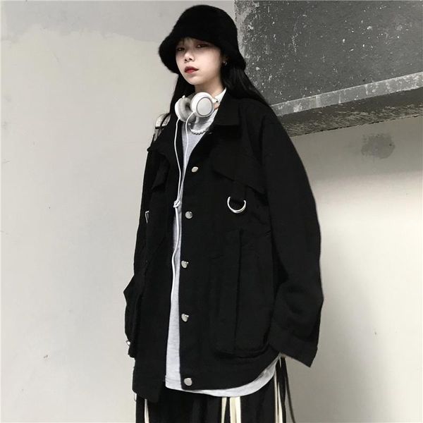 

women's jackets qaulnu south korea ins retro spring harajuku tooling loose jacket, Black;brown