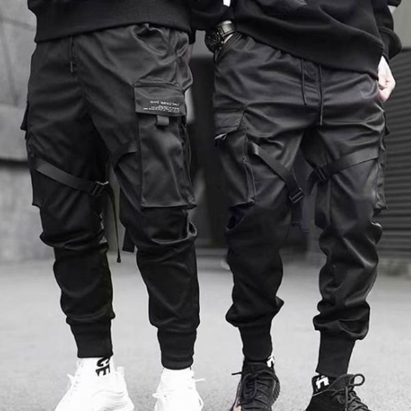 

men's pants cargo harem side pockets ribbons black hip hop casual male joggers trousers fashion streetwear