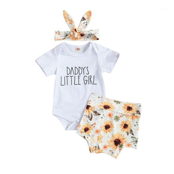 

clothing sets pudcoco 2021 summer 0-18m baby girl 3pcs set daddy's little letter print short sleeve bodysuit+sunflower shorts+bow, White