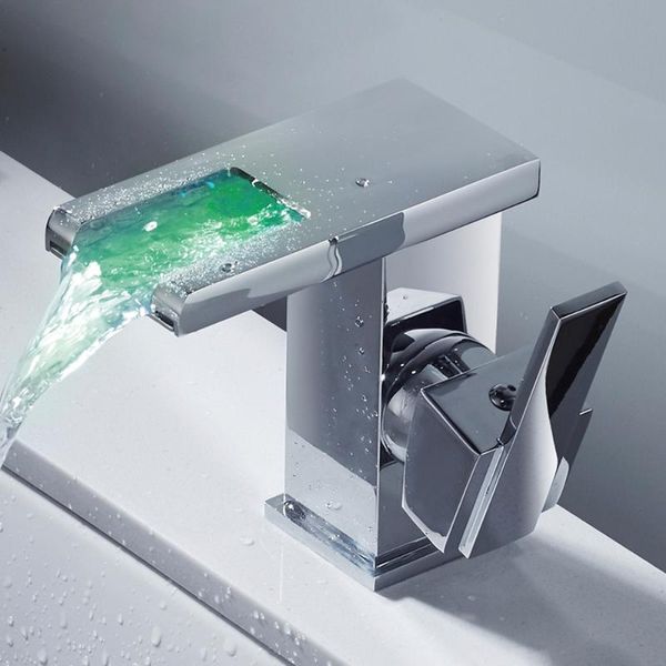 

bathroom sink faucet temperature sensor colors change led cold and water mixer tap waterfall single hole basin faucets