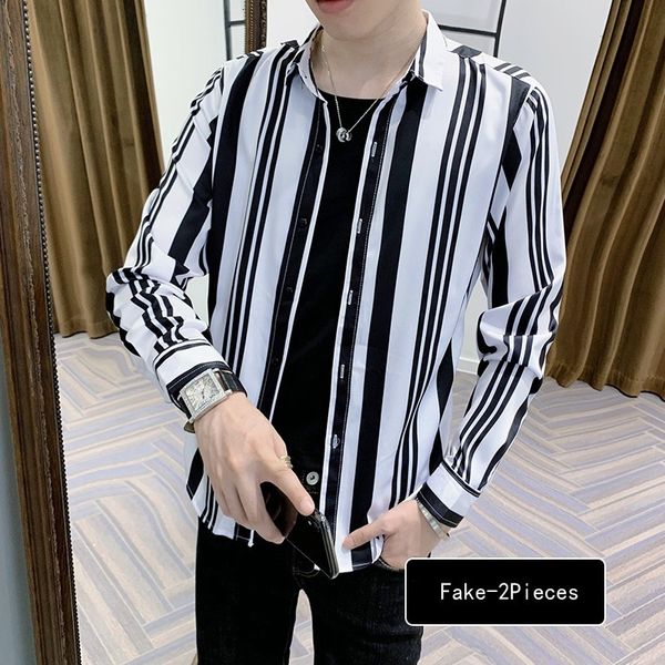 

t shirts spring fake-2pieces long male sleeve striped simple amended design thin fit streetwear black/white homme blouse 2dwk, White;black