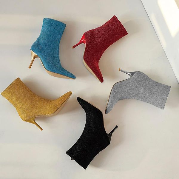 

boots 2021 stretch leather thin high heels shoes pointed toe women autumn winter solid color ankle size 45 46 47, Black