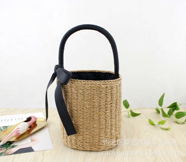 

cylinder hand woven straw bag summer vacation portable bucket ribbon leisure