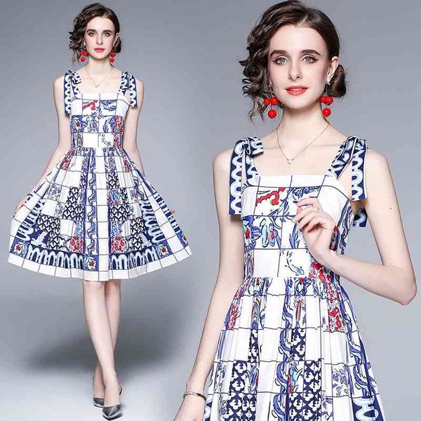 

runway designer stylish floral printed bow spaghetti strap summer mini dress for women beach causal plus size robe n66175 210603, Black;gray