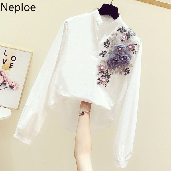 

neploe 3d embroidery flower blouse women shirts new korean long sleeve v-neck blusas korean pullover plus size 58108 210317, White