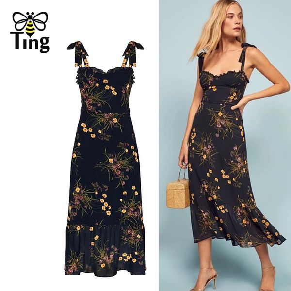 

vintage elegant floral print ruched strap midi long dress summer bohemian women casual fashion beach holiday robes 210513, Black;gray