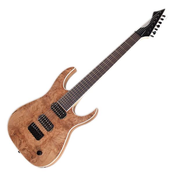 Fabrikauslass-7-Saiten Natürliche E-Gitarre mit Burl-Ahornfurnier, 24 Bünde, Palisander-Griffbrett