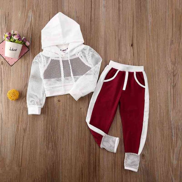 

spring summer 3pcs kids baby girl tracksuit hooded vest mesh sweatpants clothes 2-7y children set, White