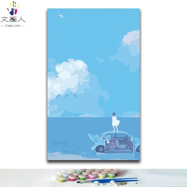 

paintings coloring by numbers anime girl distance sky sea car pictures painting with kits colors on canvas dr